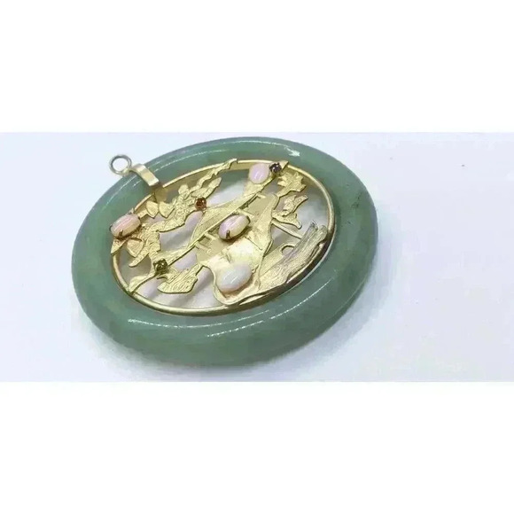 Vintage Jade Aventurine Eternity Circle Pendant Gold Filled Opal Rhinestone - Picture 2 of 9